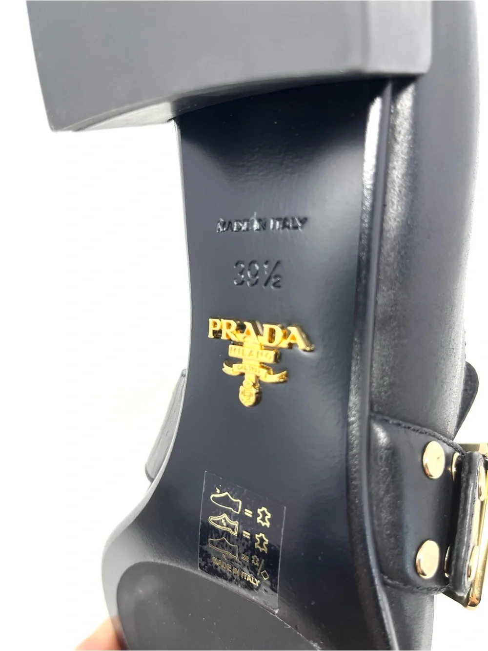 Prada Logo Black Leather Gold Studded Buckle Loafers Heels Shoes Chunky 39.5 9.5